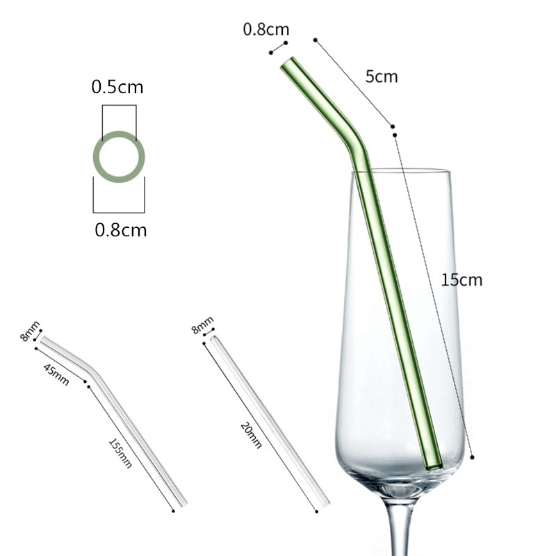 6pcs Pailles en verre - légèrement courbées - durables et réutilisables +  brosse de nettoyage